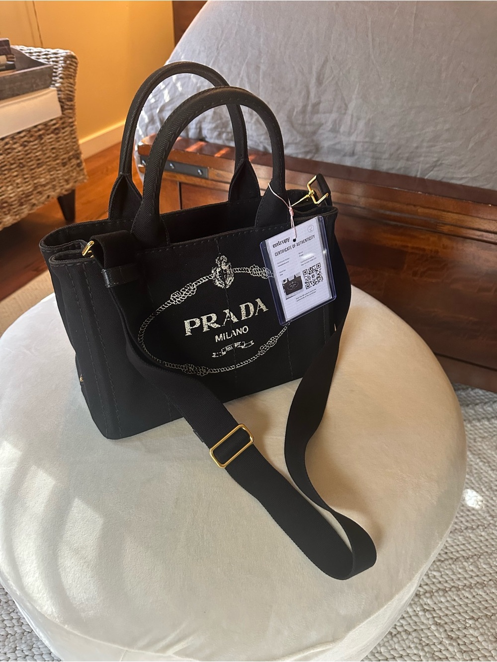 Prada Black Canvas Logo Tote with Shoulder Strap